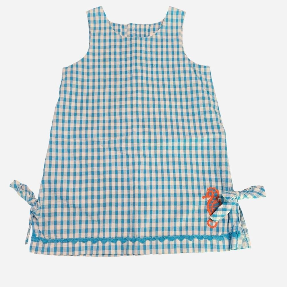 VTG Kelly's Kids Turquoise Gingham Bow Seahorse Dress Coastal Beach Vacation